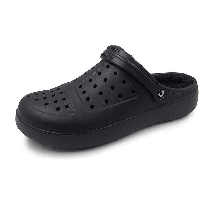 Amoji Winter Fluffy Clog Fur Lining Garden Shoes Warm Furry Indoor Lined House Fuzzy Fleece Slippers D8818 Black 8 Women/6 Men - Image 1